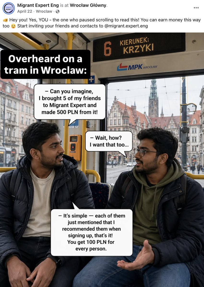 monitorimigr's tweet photo. MIGRANT EXPERT Sp. z o.o.
KRS: 0000893369
Registered in Wrocław
Founder/CEO on website: Ukrainian

Migrant Expert is one of the largest legalization-service operations in Poland.

Their claimed scale: 4 offices in Wrocław, Katowice, Poznań, and Warsaw; 1,300+ Google reviews; 17K Instagram followers; 8,000+ successful cases.

Their services cover temporary residence cards, EU long-term residence, Polish citizenship, appeals, deportation cancellation, and legalization of residence and employment.

The language targeting tells the story.

Their website supports Ukrainian, Russian, Polish, English, Spanish, French, Indonesian, Hindi, and Bengali. But their English Instagram drops the Slavic languages and keeps the migrant-labor ones: English, Spanish, French, Indonesian, Hindi, and Bengali.

The content is even clearer: “Only 3 months to become officially legal in Poland,” “3-year TRC,” “3 years of freedom,” “How to stay in Poland legally,” and referral posts offering 100 PLN for every person brought in.

Their team page shows Yehor Yehorov as founder/CEO, alongside Ukrainian-speaking staff, but also advisers and customer-service staff matched to the same non-Slavic language markets, including Indonesian and Indian-facing outreach.