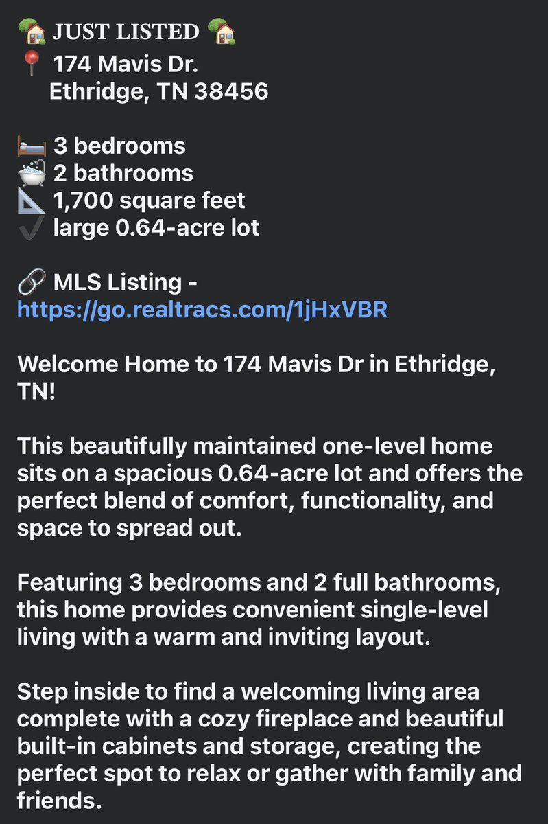 RPearsonRealtor's tweet photo. 🏡 𝐉𝐔𝐒𝐓 𝐋𝐈𝐒𝐓𝐄𝐃 🏡 
📍 174 Mavis Dr.
      Ethridge, TN 38456

🔗 MLS Listing - 
https://t.co/TbyqOAfRrz

𝐑𝐚𝐥𝐩𝐡 &amp; 𝐇𝐨𝐥𝐥𝐢 𝐏𝐞𝐚𝐫𝐬𝐨𝐧  
REALTORS®  
𝐓𝐡𝐞 𝐏𝐞𝐚𝐫𝐬𝐨𝐧 𝐆𝐫𝐨𝐮𝐩  
𝐨𝐟 𝐊𝐞𝐥𝐥𝐞𝐫 𝐖𝐢𝐥𝐥𝐢𝐚𝐦𝐬 𝐑𝐞𝐚𝐥𝐭𝐲  

📲615-476-7233 https://t.co/3XiJQtkDmJ