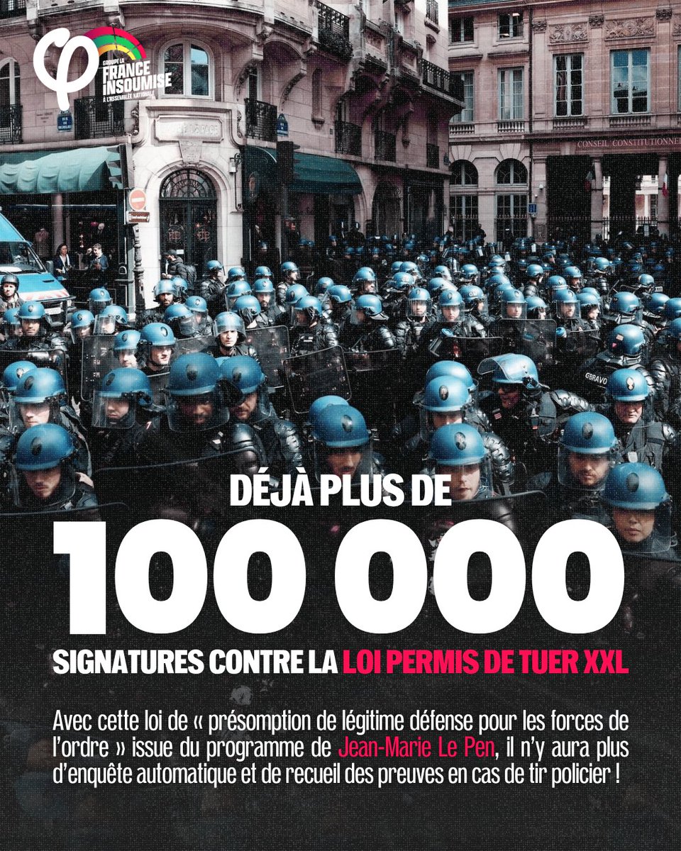 FiAssemblee's tweet photo. 🔴⚡️ Déjà plus de 100 000 signatures pour la pétition citoyenne contre la loi Permis de tuer XXL !

Mardi, l'Assemblée votera un texte qui mettrait fin aux enquêtes automatiques et au recueil immédiat des preuves après un tir policier.

C'est inacceptable.

📢 Objectif 500 000 : https://t.co/601yMo8l7s