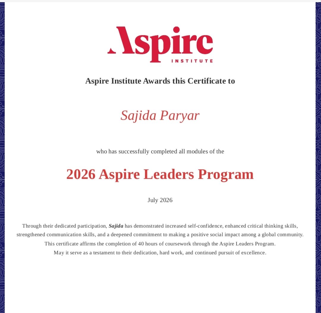 ParhyarSajida's tweet photo. A small milestone, a big reminder: keep learning, keep growing, and never stop believing. Proud to have completed the 2026 Aspire Leaders Program. ๐ค
#Leadership #LifelongLearning #ProfessionalDevelopment #SocialImpact #GrowthMindset #GlobalCommunity https://t.co/TrAhihmBU2