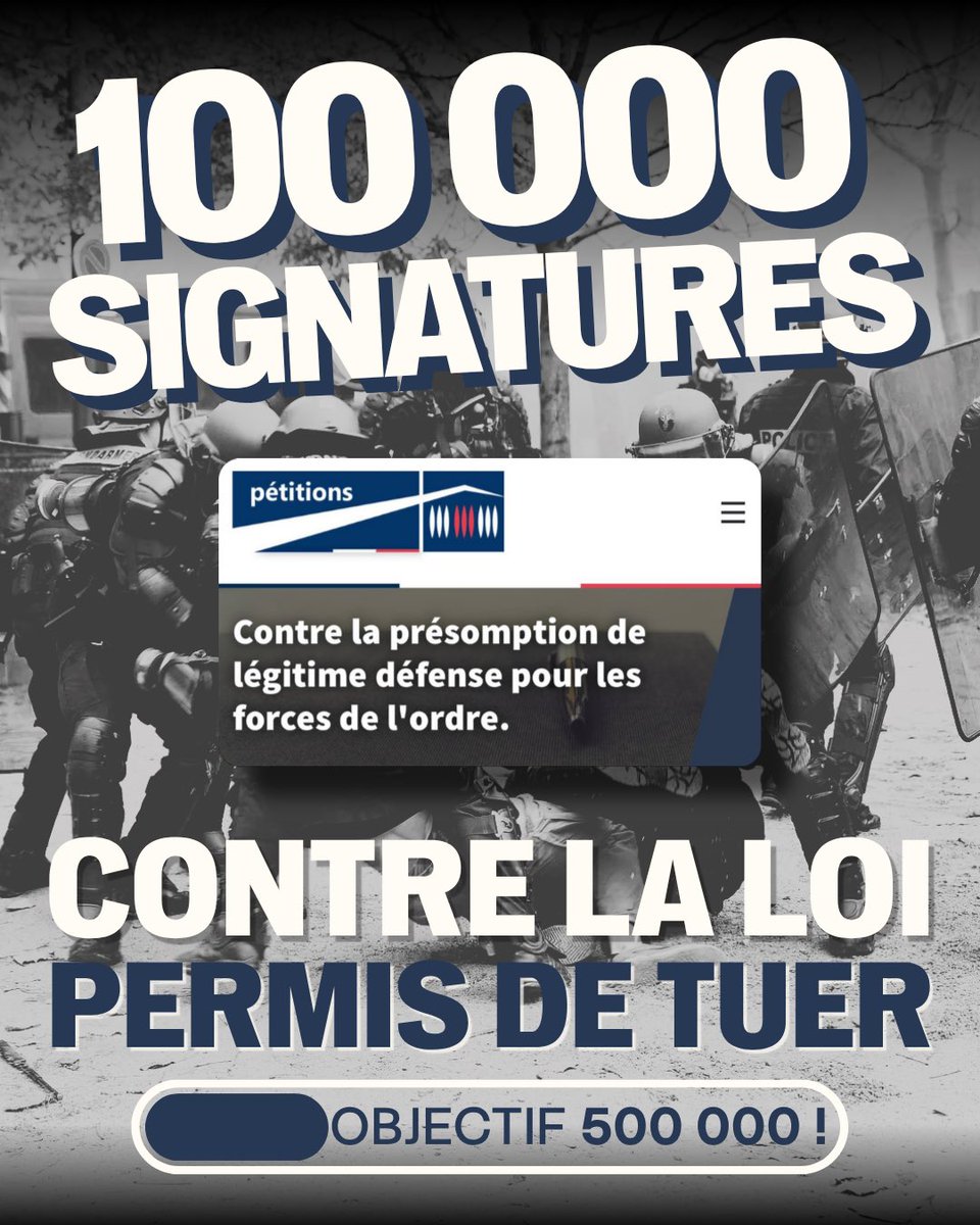 Portes_Thomas's tweet photo. La pétition contre la loi permis de tuer vient d'atteindre les 100 000 signatures ! 

On continue, objectif 500 000 ! https://t.co/80DqHCdHrD