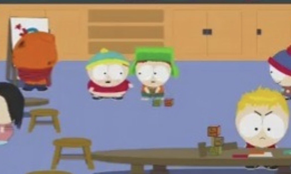 lainfangirl1's tweet photo. I genuinely think that cartman has a crush on kyle his whole life. In the preschool ep they’re first shown to get along with each other. But ever since stan came in and kyle payed attention to him instead, cartman was annoyed and started calling him names + https://t.co/5mpC7peCio