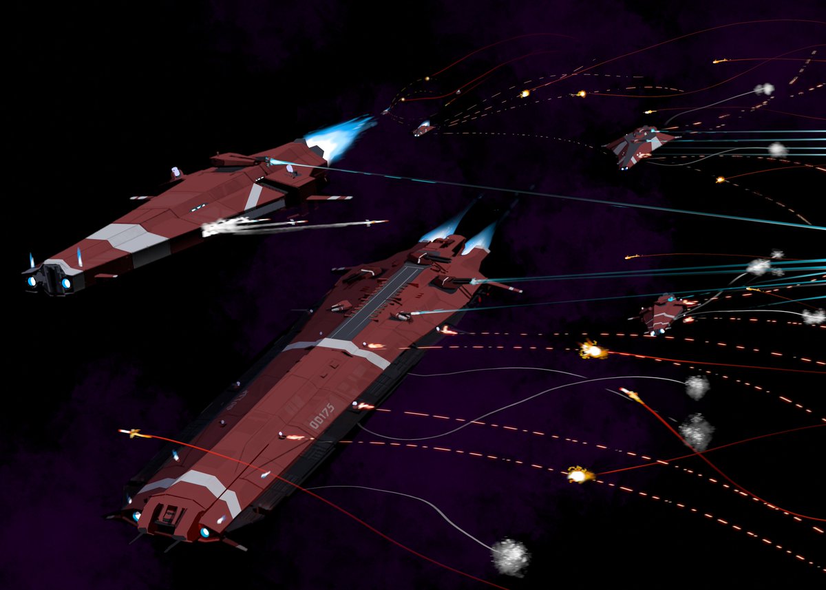 goeliath's tweet photo. Haven't felt like finishing things lately. Here's an unfinished overpaint of a 3D render

Cruiser and escorting vessels belonging to Stolkis 3rd Armada in an engagement on the frontlines of sector 5

(Nebulous Fleet Command's visuals inspired the visuals for my naval engagements) https://t.co/mVFsX3RIX0