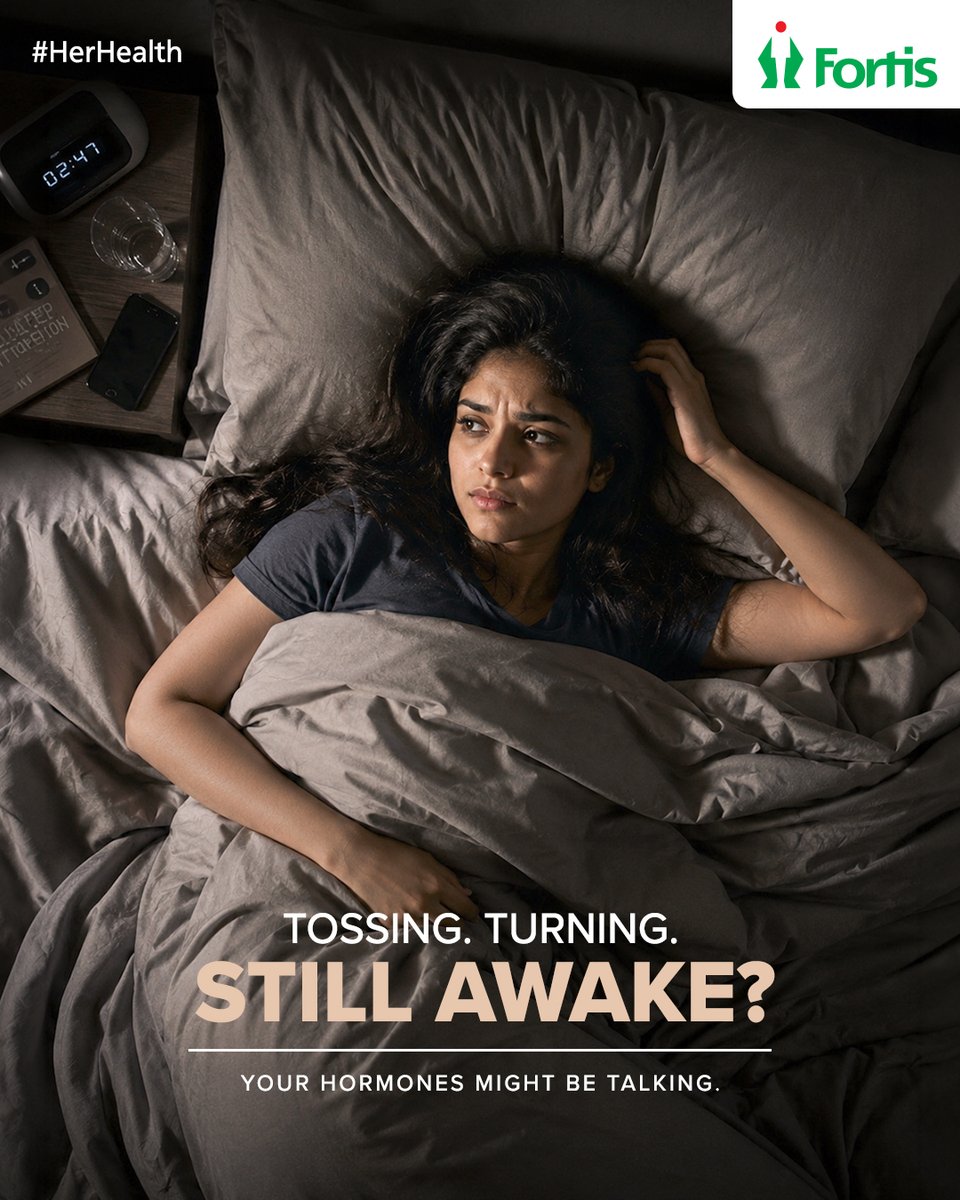 fortis_hospital's tweet photo. A restless night isn't always just about stress or a busy schedule.

Your hormones play an important role in regulating your sleep cycle, and when they're out of balance, falling asleep or staying asleep can become more difficult. Factors such as stress, hormonal fluctuations and elevated cortisol levels can leave you feeling exhausted, even after a full night's rest.

Understanding the connection between hormones and sleep is the first step towards better rest and overall wellbeing.If sleep disturbances are affecting your daily life, don't ignore the signs.

Walk in to consult with our experts for timely guidance: https://t.co/QSipW186Le

#FortisHealthcare #AtFortisWeCare #HerHealth