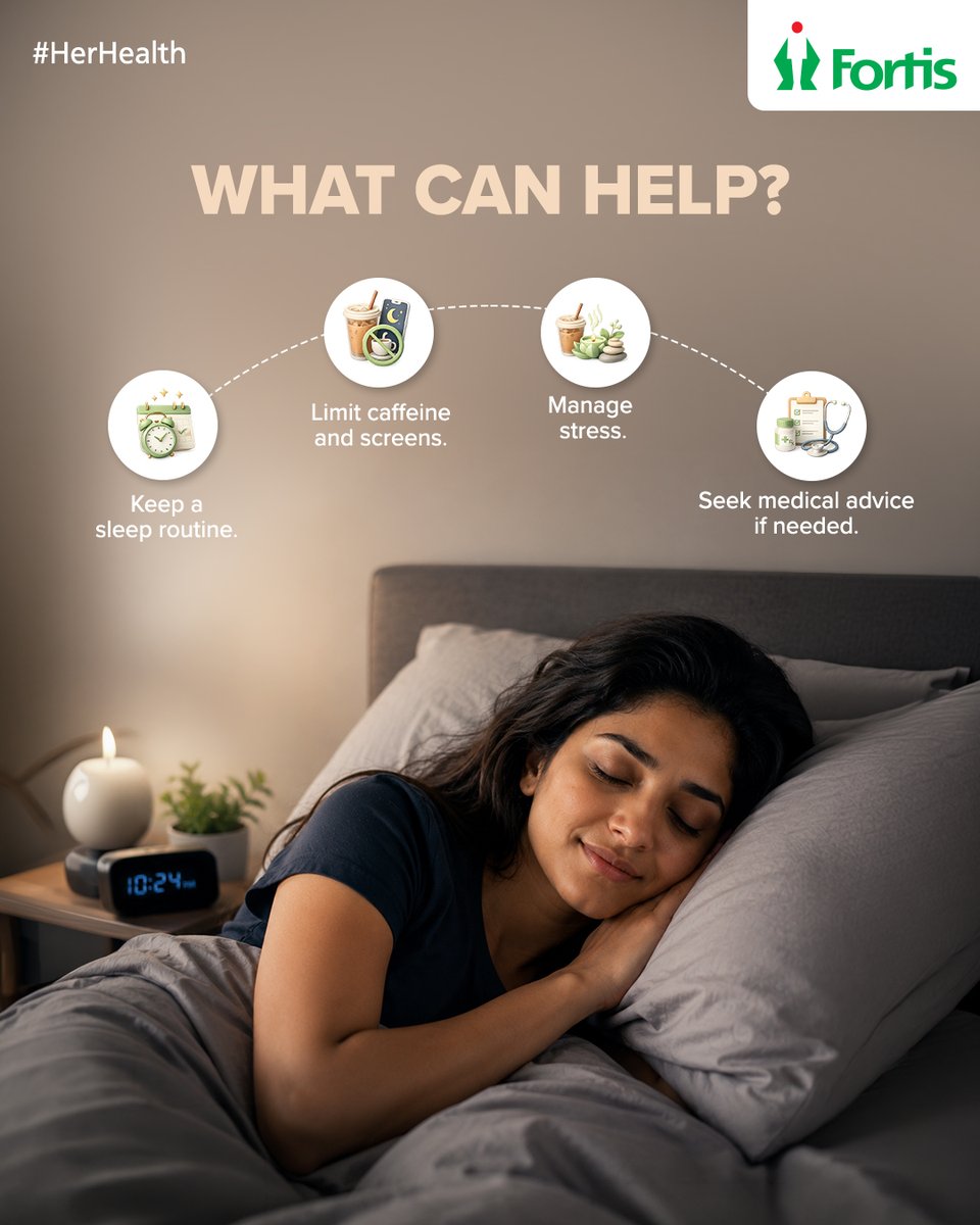 fortis_hospital's tweet photo. A restless night isn't always just about stress or a busy schedule.

Your hormones play an important role in regulating your sleep cycle, and when they're out of balance, falling asleep or staying asleep can become more difficult. Factors such as stress, hormonal fluctuations and elevated cortisol levels can leave you feeling exhausted, even after a full night's rest.

Understanding the connection between hormones and sleep is the first step towards better rest and overall wellbeing.If sleep disturbances are affecting your daily life, don't ignore the signs.

Walk in to consult with our experts for timely guidance: https://t.co/QSipW186Le

#FortisHealthcare #AtFortisWeCare #HerHealth