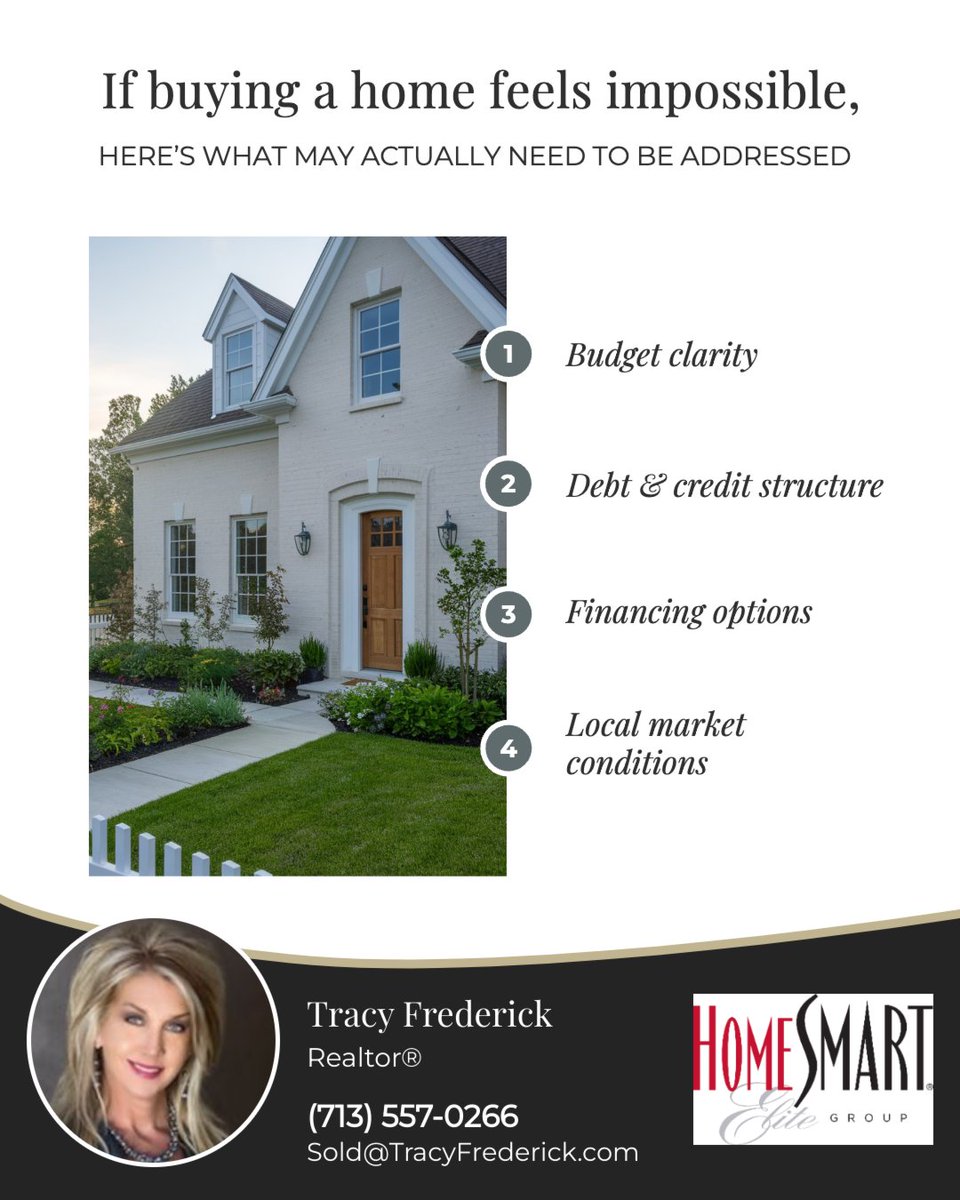 TracyFrederick0's tweet photo. If buying a home feels impossible, start by getting clarity. 🏡

📊 Understand your true budget
💰 Review debt and credit
🏦 Explore financing options
📍 Focus on your local market

The right strategy can make homeownership feel much more achievable. 💬 https://t.co/1e5UXMde8j