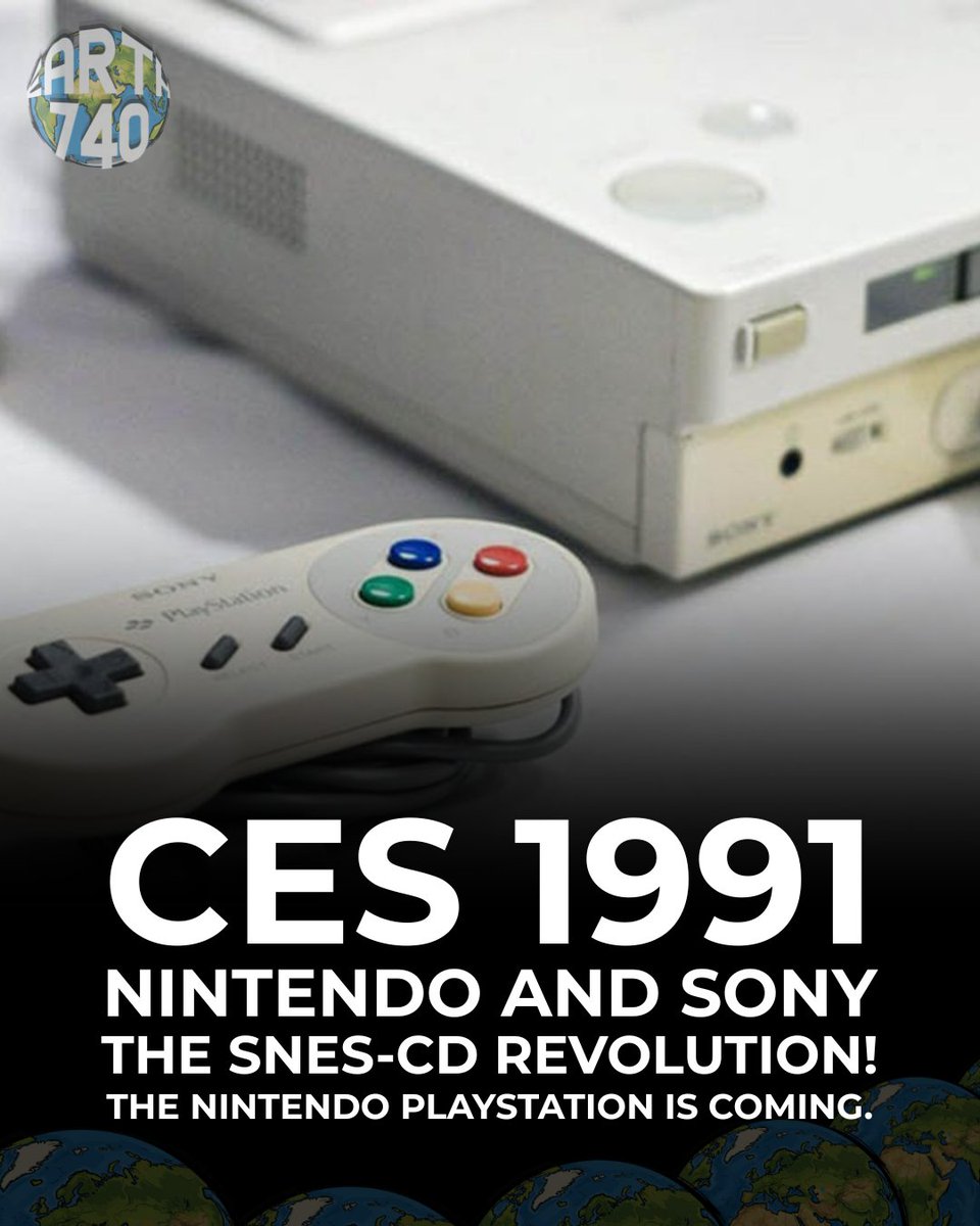 Earth740's tweet photo. At the 1991 CES in Las Vegas, Sony announced the arrival of the SNES-CD, a CD player for the Super Nintendo. The very next day, Nintendo announced that the release of the Nintendo PlayStation was scheduled for late 1992. 

#Uchrony #WhatIf #Uchronie #EtSi #Earth740 (1991) https://t.co/9lZyk5UbuG