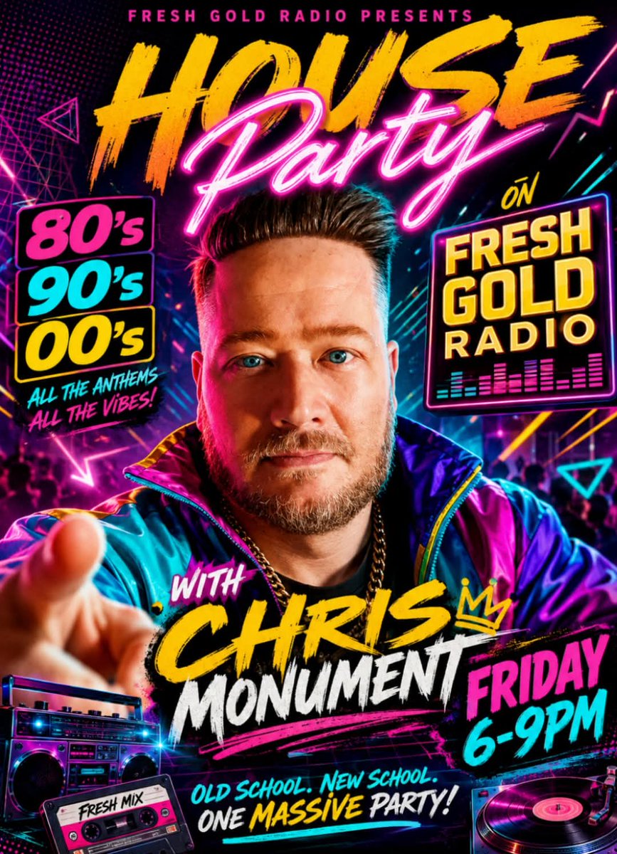 chrismonradio's tweet photo. Ready for the weekend? 🤔😁 Join me for #HouseParty this evening from 6️⃣-9️⃣ on #FreshGoldRadio 🎧🎵💿 Tonight's show is 1 hour each of 80's, 90's &amp; 00's 'choons' 🎧🎵▶️ + the usual banter!😁 Ask your smart 🔊 to play Fresh Gold Radio or find us on the Tune In radio app 🎧 https://t.co/xqFpXDNdxX