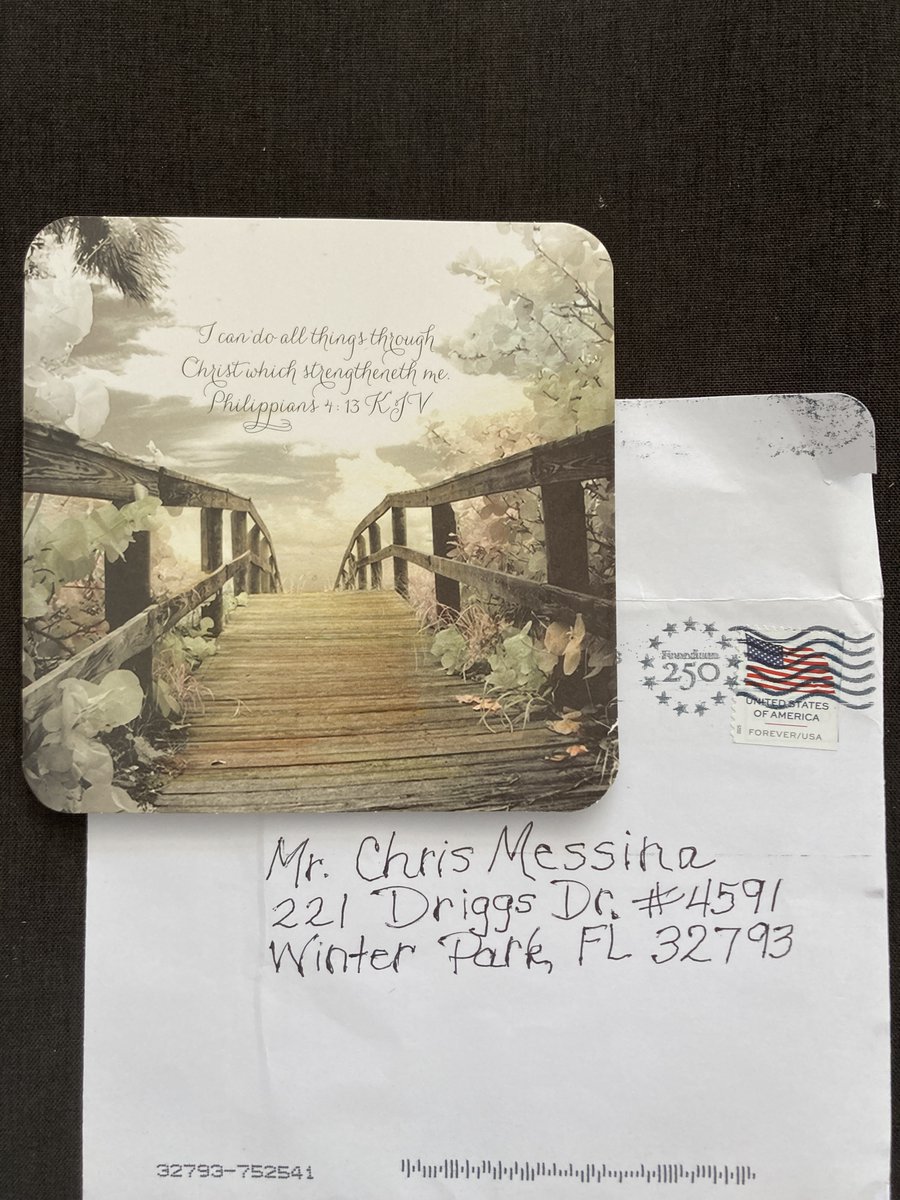 ChrisMessinaFL's tweet photo. Although I'm a people person, there are times when campaigning is really hard.  Any honest candidate for public office would admit that. Pressing time demands.  Biased press.  Petty comments.  It can be discouraging.  Sometimes even draining.

But then out of the blue comes great encouragement.  An inspiration Bible verse outside.  A kind note from a wonderful senior inside, accompanied by an unexpected contribution.  A true blessing!