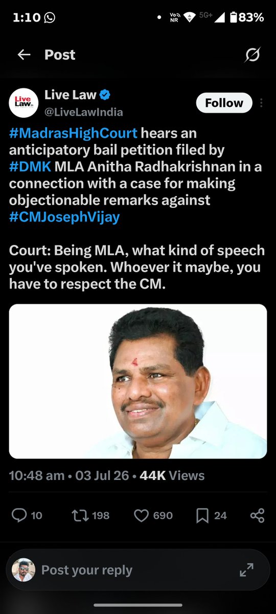 radan9626's tweet photo. @Shobji @CMOTamilnadu @TVKPartyHQ Arrest senjathu thapu ila ma'am ....avar romba asigama pasunaru...even court didn't gave him bail https://t.co/47v8rL55ia