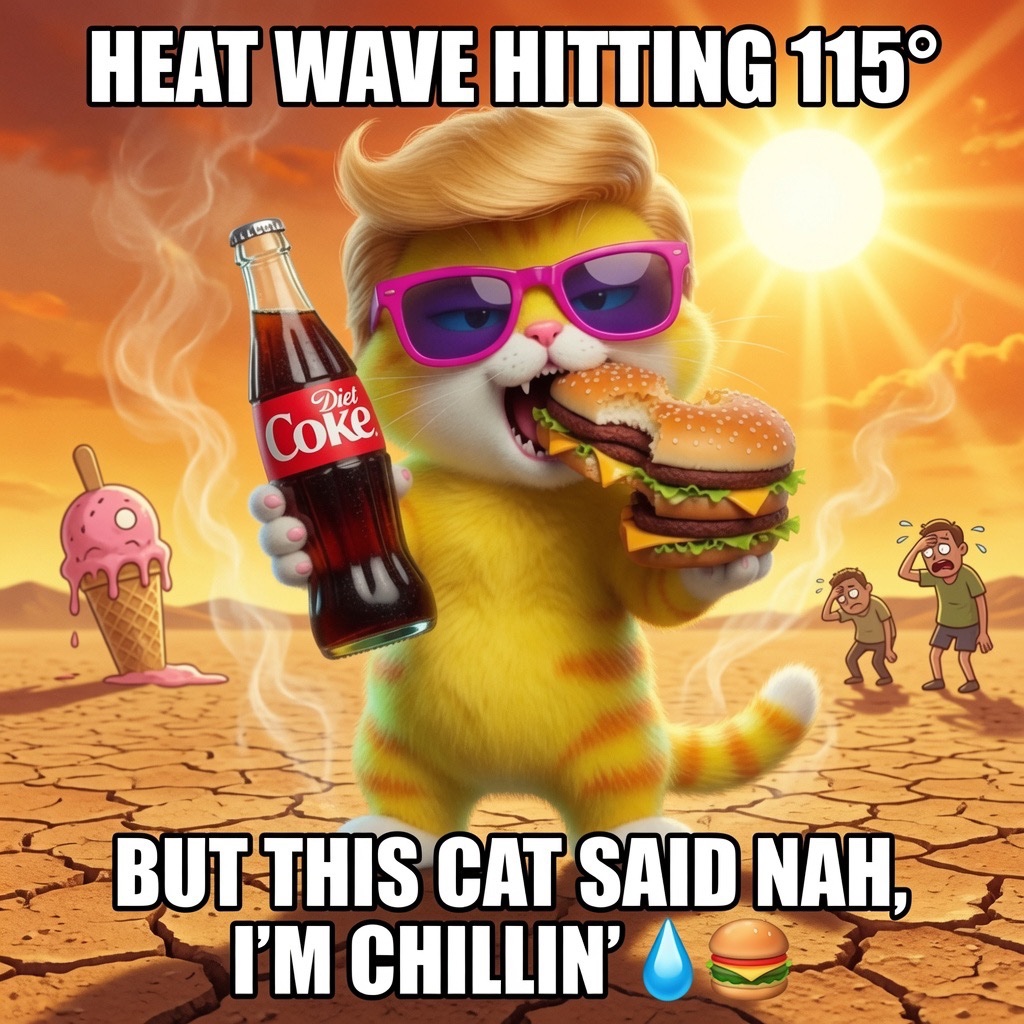 VibeCoinOnAnon's tweet photo. 🌡️ HEAT WAVE? WHAT HEAT WAVE? 🔥
This cat ain’t sweatin’ the 115° vibes… he’s too busy livin’ that unstoppable VibeCoin life 💧🍔😎
Don’t Doubt Your Vibe — even when the sun tryin’ to melt the streets!
Who else stayin’ ice cold thru the chaos? 👇
#VibeCoin #DontDoubtYourVibe https://t.co/o3htVQlI6z