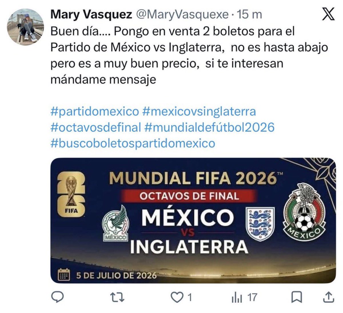 LoverKittty's tweet photo. ESTAFA ‼️

ESTÁ CUENTA @MaryJelguezm ESTÁ ESTAFANDO CON BOLETOS PARA EL PARTIDO MÉXICO VS INGLATERRA 

NO TIENE BOLETO. NO CAIGAN! MEXICO 

#partidomexico #mexicovsinglaterra
#octavosdefinal #mundialdefútbol2026
#buscoboletospartidomexico https://t.co/30THNRYZmp