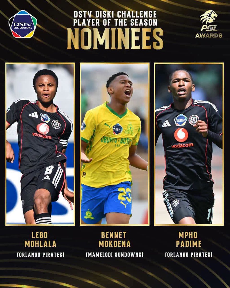 Soccer_Update2's tweet photo. #DstvDiskiChallenge Player Of The Season Nominees

Lebo Mohlala (Orlano Pirates)
Mpho Padime (Orlando Pirates) 
Bennet Mokoena (Sundowns)

Who do you think will emerge victorious?? https://t.co/MZgChE5Ecx