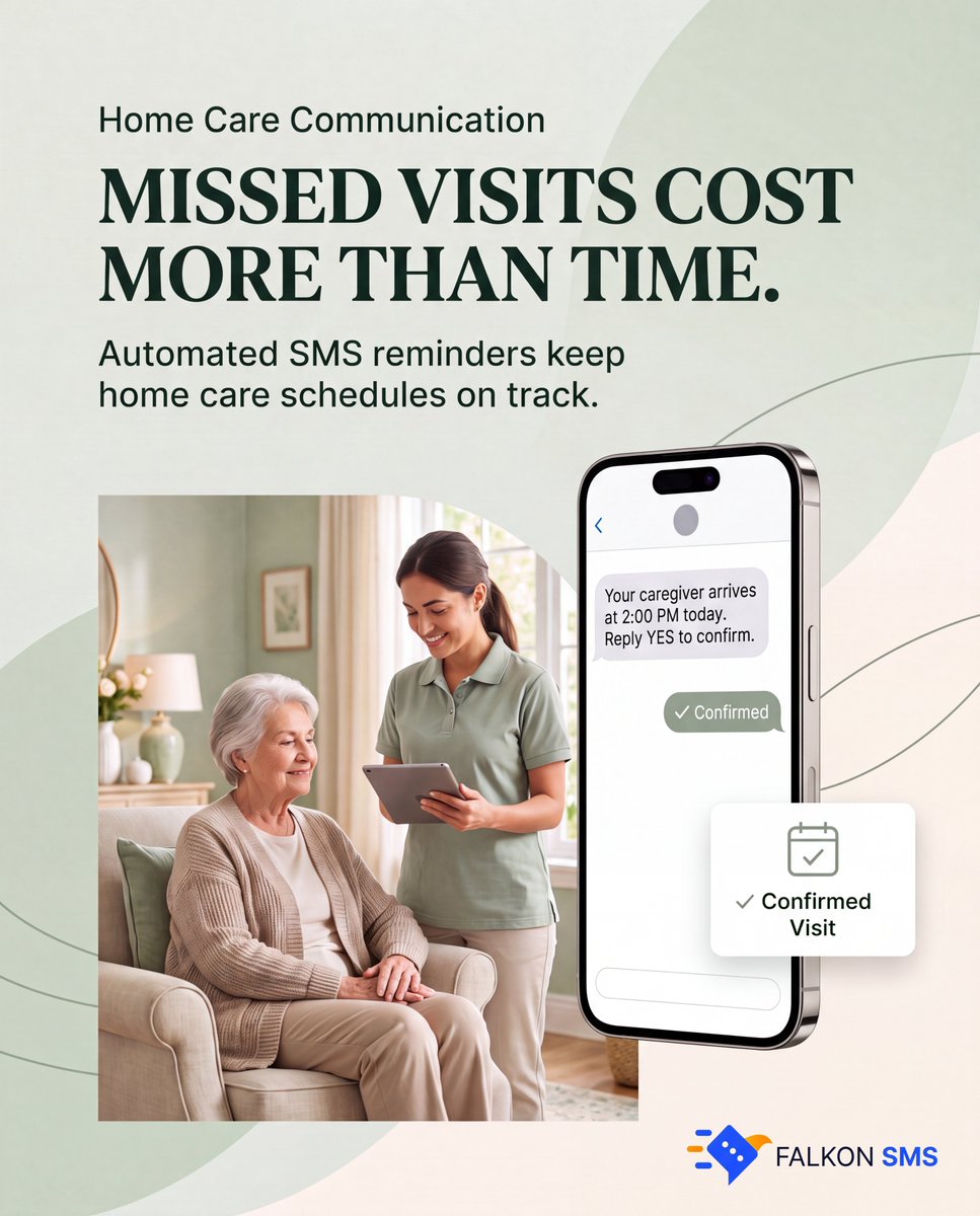 FalkonSystems's tweet photo. Missed home care visits disrupt patients, caregivers, and coordinators.

With Falkon SMS, agencies can send automated appointment reminders that patients and family caregivers can quickly confirm, reschedule, or flag for follow-up before a trip is wasted.

#HomeCare #NoShows https://t.co/kE8p6h0992
