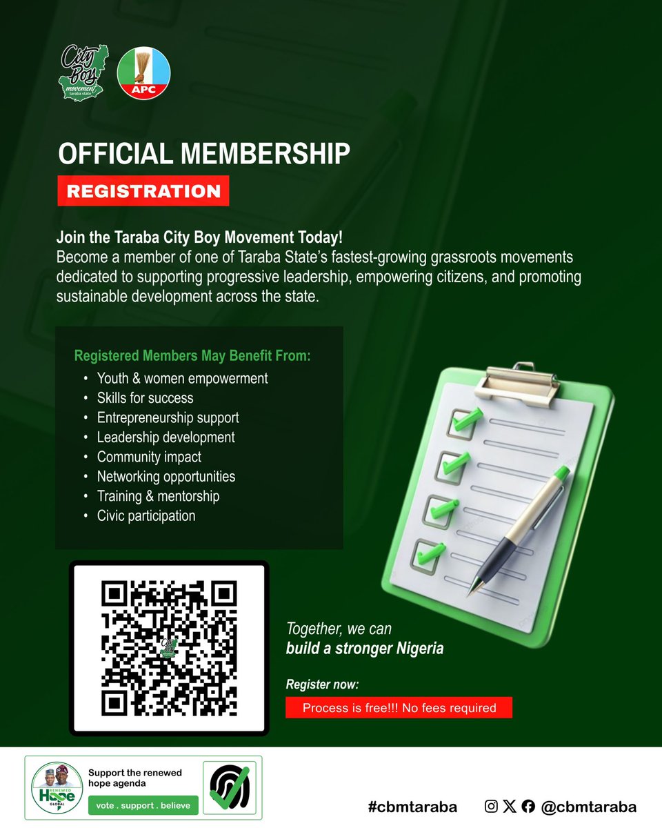 CBMTaraba's tweet photo. Be part of a movement committed to empowering young people, supporting communities, and building a better Nigeria.

✅ Registration is FREE
📲 Scan the QR code on the flyer or register using the link below:

https://t.co/BNDvP4zH0K

Your voice matters. Your participation matters. https://t.co/A2oR10glQd
