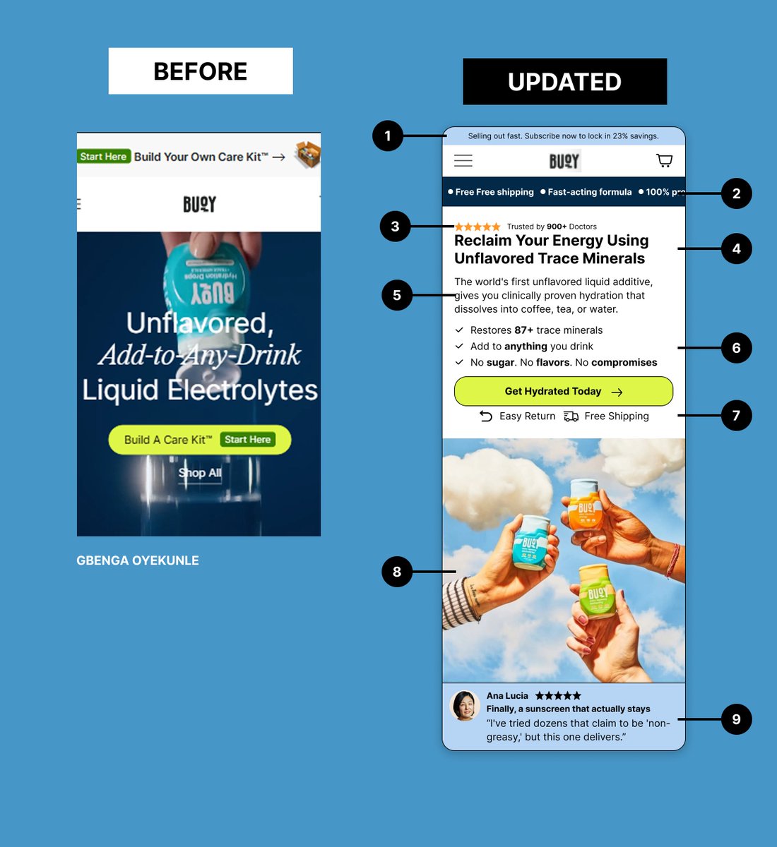 oyega001's tweet photo. BEFORE:
1. No crdibility
2. Unclear product visual
3. No benefit stack
AFTER:
1. Credibility cues above the fold
2. Upgraded product visuals
3. Scannable benefit stack
#UIUX #ConversionRate #FigmaDesign #ProductDesign #Shopify https://t.co/Q40Jj3ySmN