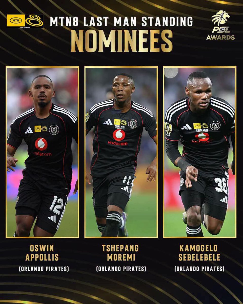 Soccer_Update2's tweet photo. #MTN8 Last Man Standing nominees:

Oswin Appollis  (Orlando Pirates)
Tshepang Moremi  (Orlando Pirates) 
Kamogelo Sebelebele  (Orlando Pirates)

Who do you think will emerge victorious?? https://t.co/PbvRjWUk6V