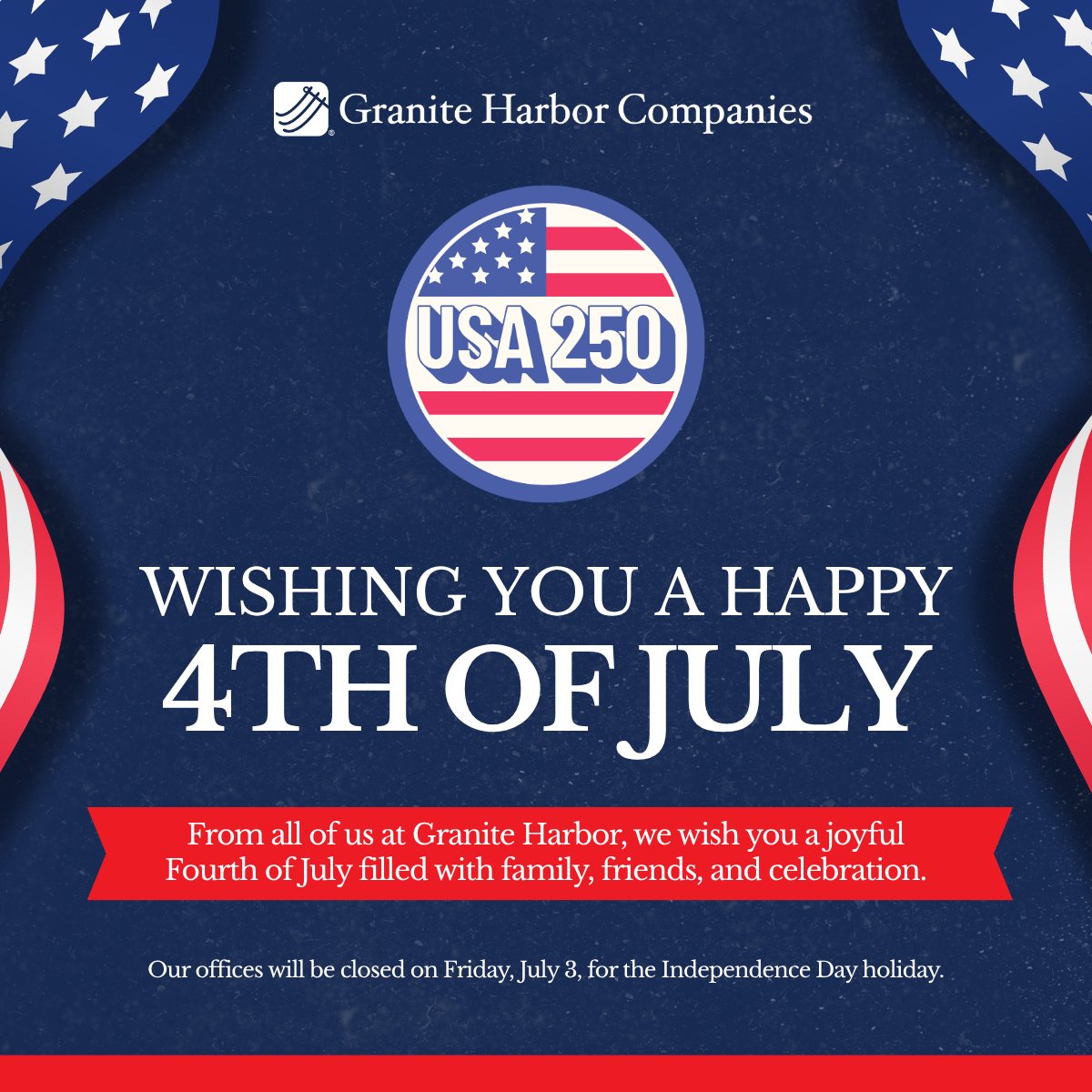 GHAdvisors's tweet photo. Happy Fourth of July from all of us at Granite Harbor!

As we celebrate our nation's independence, we wish you a safe, relaxing holiday filled with family, friends, and memorable moments.

Holiday Reminder: Our offices will be closed on Friday, July 3, for the Independence Day holiday. 

Have a wonderful Fourth of July!

#Happy4thOfJuly #IndependenceDay #GraniteHarbor #YourWealthYourWay #HoustonBusiness #MilwaukeeBusiness