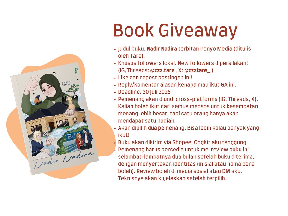 zzztare_'s tweet photo. ❗Book giveaway 📚

Aku mau bagi-bagi bukuku buat dua orang pemenang (crossplatform).
Syaratnya follow, like, repost, dan komen kenapa mau ikut GA ini.

+ Review juga ya! 😆

Khusus lokal, nanti aku CO-in.
Yuk ikutan dan goodluck! https://t.co/mIX7PYuRoT