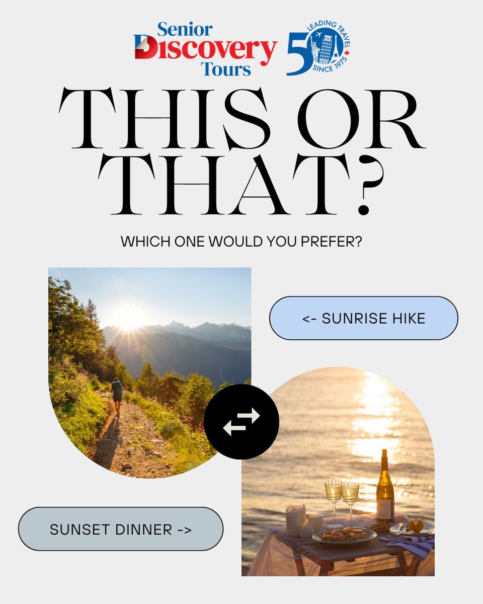 Senior_Tours's tweet photo. This or that? ✈️🌍 We want to know, what would you choose? Drop your picks below!

#ThisOrThat #Travel #Choices #SeniorDiscoveryTours https://t.co/fkZHDwQqcH