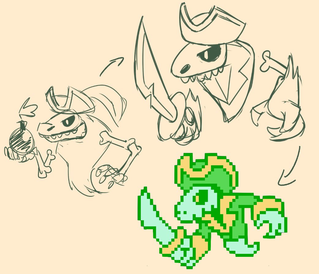 GalopeStudios's tweet photo. For Captain Hook, the first boss you face in The Phantom Library, we certainly went for the crocodile idea! 
At first, it was something bony, but in the end the skull head + ghost body worked well! What do you think? https://t.co/K7A9kZLolS