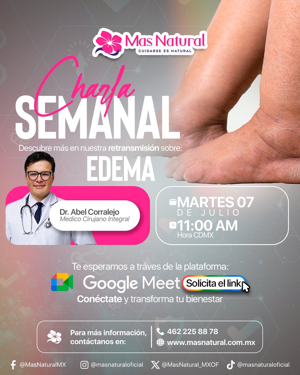 MasNatural_MXOF's tweet photo. 💧 Retransmisión de nuestra Charla Semanal.

Conoce más sobre el edema, sus causas, síntomas y recomendaciones para contribuir al bienestar.

🗓 07 de julio
🕚 11:00 a.m. (CDMX)
💻 Google Meet
📩 Solicita tu link y acompáñanos.
#MasNatural #CharlaSemanal #Edema #Bienestar https://t.co/cxV7xNGlNw