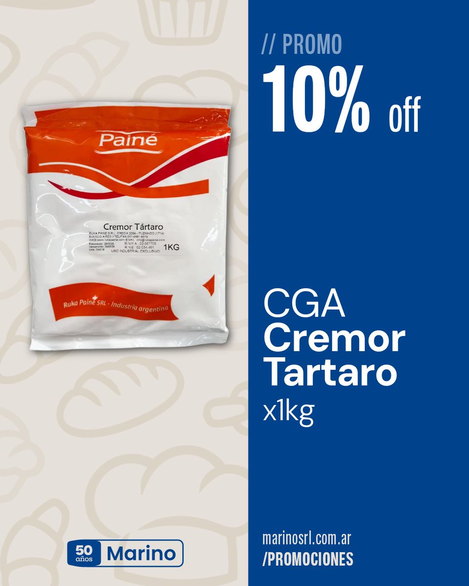 marinosrl's tweet photo. ¡Pastelero! ✨
10% OFF Cremor Tártaro CGA de Marino. Dale estabilidad y volumen a tus creaciones. 🚀
Compra ya: 
Válido hasta 10/09/2026 o agotar stock.
#marinosrl #pasteleria #reposteria #cremortartaro #oferta https://t.co/C1Cg0LAO80