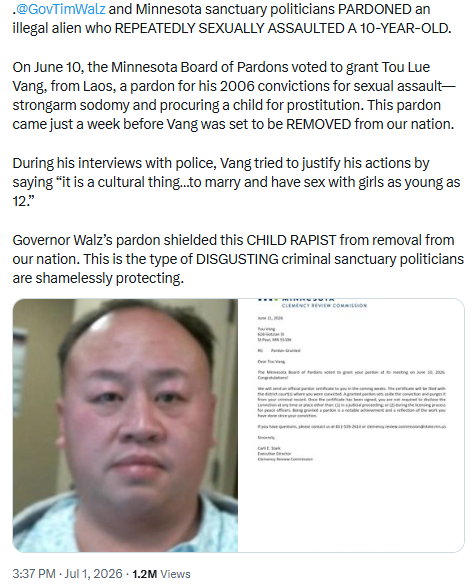 CrimeWatchMpls's tweet photo. . @GovTimWalz and @AGEllison pardoned a repeat child rapist illegal alien Tou Lue Vang so he could avoid deportation. 

The family also reportedly coerced the girl not to cooperate with the investigation. And the Ramsey County Attorney who prosecuted the case was opposed to the pardon because of the family coercion of the girl.

Also, the pardon removes Vang from the sex offender registry. 

This is beyond words disturbing and disgusting.