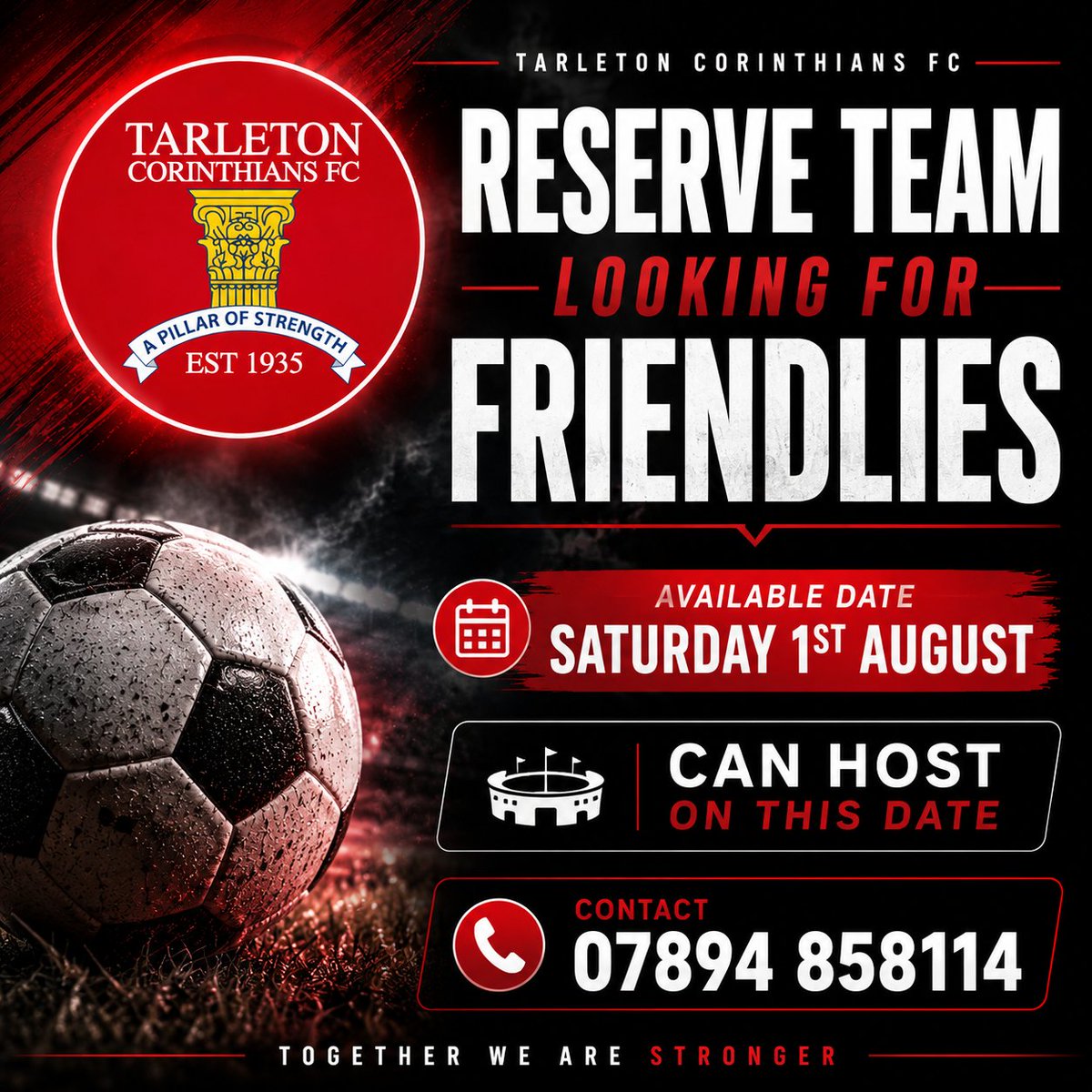 TarletonFC's tweet photo. Reserve Team looking for a friendly on the 1st August

@LancsFriendlies
@lancsamleague
@westlancsleague
@eastlancs_fl
@mid_lancs
⚽️��⚪️⚽️🔴⚪️⚽️ https://t.co/fI6CpnLPYz