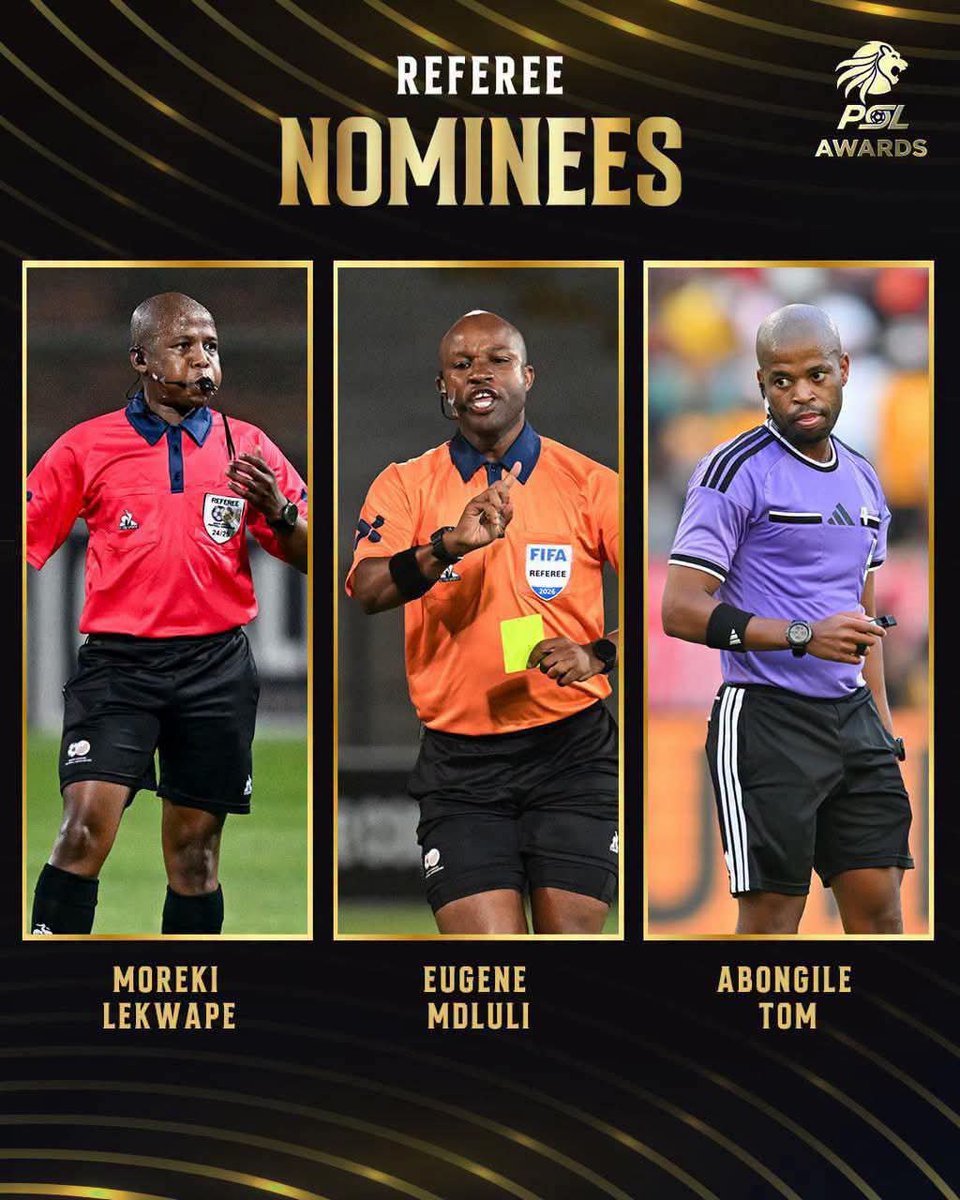 Soccer_Update2's tweet photo. #BetwayPrem Referee of the Season nominees 

Moreki Lekwape 
Eugene Mdluli 
Abongile Tom https://t.co/F96AdYUt50