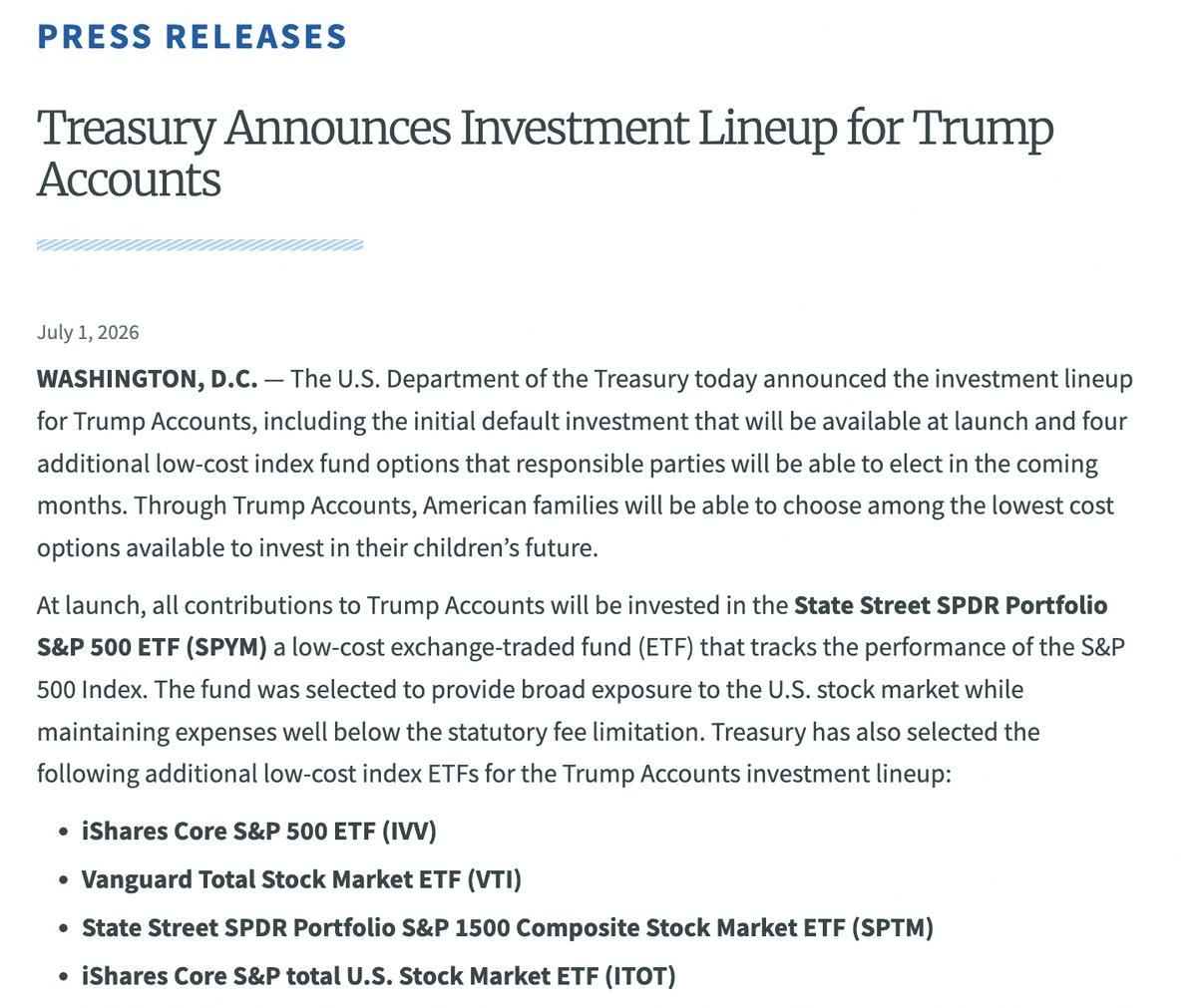 miho_emon's tweet photo. Every baby born in the US is getting $1,000 to invest 💸

Starting out, all that money goes into the State Street S&amp;P 500 ETF ($SPYM). But the Treasury picked four other options too:

- iShares Core S&amp;P 500 ETF ($IVV)
- Vanguard Total Stock Market ETF ($VTI)
- State Street https://t.co/rJEGr7qVYQ