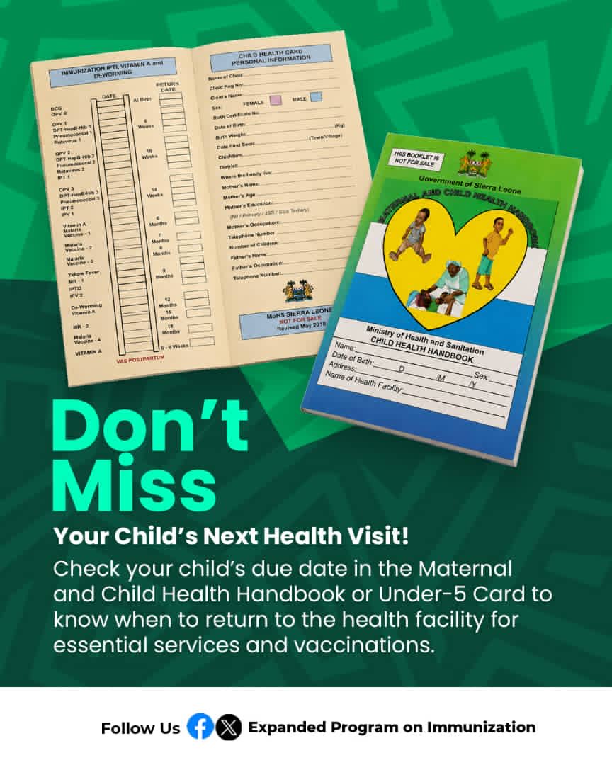 EPIMohSL's tweet photo. As part of the #300DaysOfActivism, caregivers are encouraged to check the next vaccination date in the Under-5 Card or MCH Handbook after every visit.
Don’t miss the next appointment, every vaccine, every visit counts!
#MOH #RoutineImmunization #ZeroDose #VaccinateOnTime https://t.co/ACn2Uu4fIZ