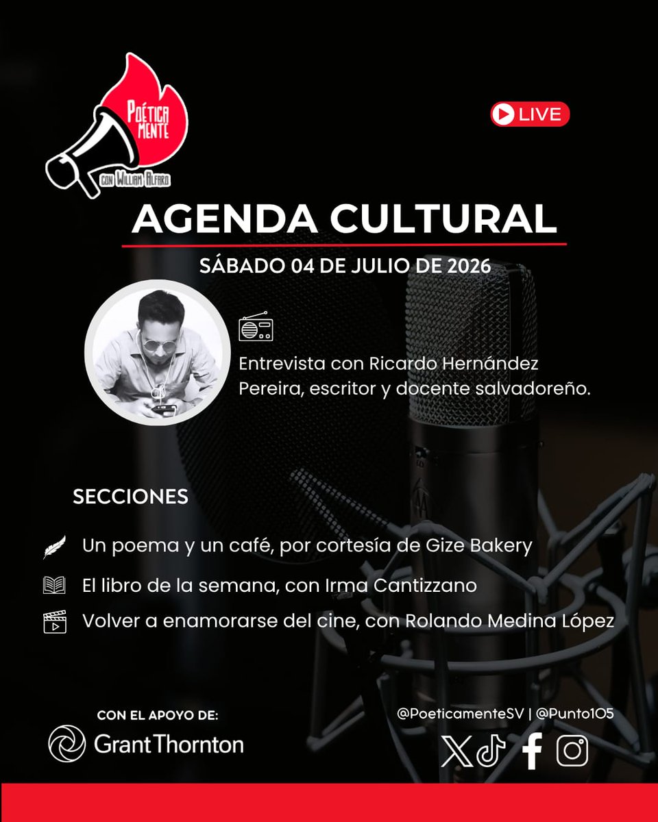 PoeticamenteSV's tweet photo. ¡Mañana es sábado de Poéticamente!
Te esperamos a las 9:00 a.m. para compartir una mañana llena de literatura, arte y cine siempre en modo mundialista.
Esta es nuestra agenda para este sábado 4 de julio en @Punto105: https://t.co/X2IPFCE74c