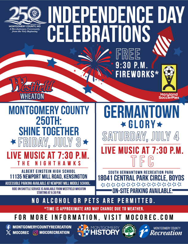 MontgomeryCoMD's tweet photo. ✨ Celebrate America's 250th anniversary with your Montgomery County community! Join us in Kensington on July 3 or Germantown on July 4 for free live music, family friendly activities and fireworks!  🎇 https://t.co/oX1PzdNJ1t