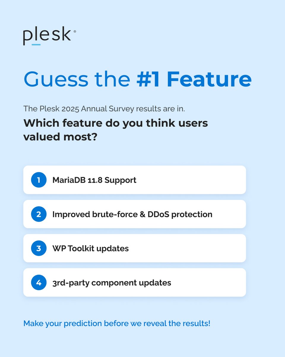 Plesk's tweet photo. Guess the trend:
What do you think was rated as one of the most valuable features delivered in 2025?
Our 2025 Annual Survey highlighted four standout releases, and we want to know what you think ranked highest.
Cast your vote in the poll! 🗳️ https://t.co/nX9T8HSGr5