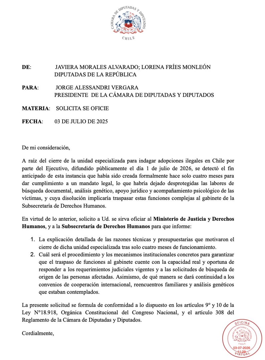 lorenafriesm's tweet photo. Con la diputada @javimoralesalva oficiamos al @MinjuDDHH para que explique el cierre de la unidad especializada en adopciones ilegales, porque mientras se repite que "los niños son primero", se desmantela una instancia clave para verdad, justicia y el reencuentro de familias. https://t.co/Ixo437LEoZ