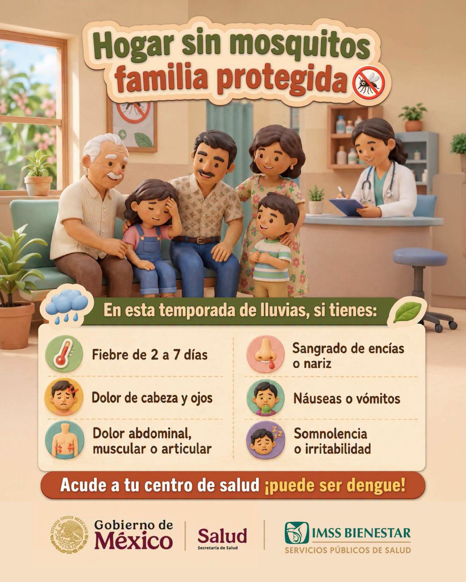 IB_Hidalgo's tweet photo. Una familia protegida acude a su centro de salud ante cualquier síntoma del #dengue. 
Si tú o tu familia presentan alguno de estos síntomas, eviten automedicarse y acudan a su unidad de salud IMSS Bienestar más cercana. 
¡Juntas y juntos cuidamos lo que más importa! https://t.co/A3CsAVhIHl