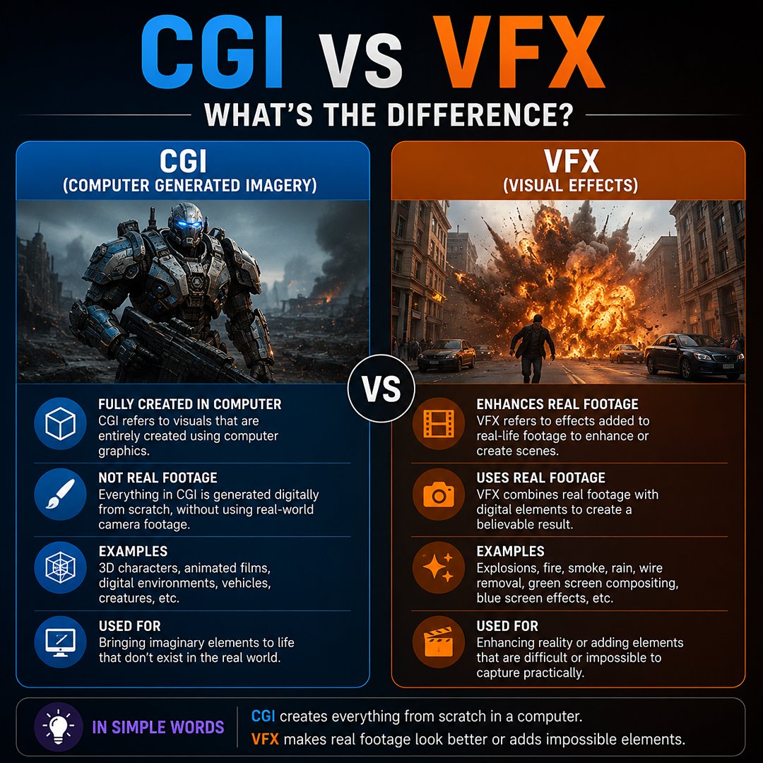 rambhikbiswas's tweet photo. CGI and VFX aren't the same. CGI creates digital content, while VFX blends it with real footage to bring stories to life. Which do you work with more? 👇
#VFX #CGI #VisualEffects #Filmmaking #3DArtist #PostProduction #VFXArtist https://t.co/T1mDGJeMze