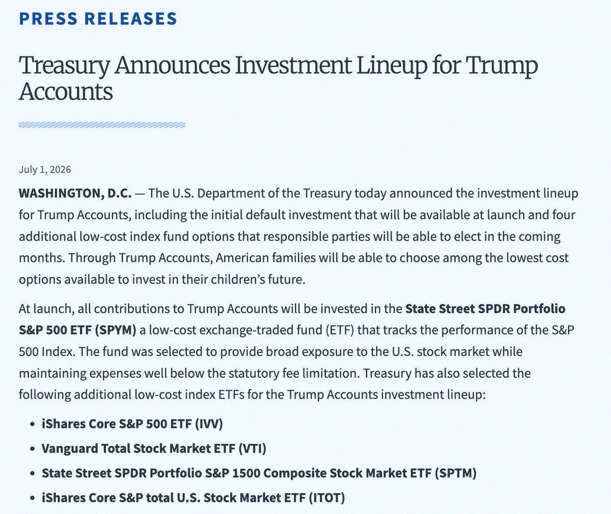 madooon29's tweet photo. アメリカの新生児全員に約1,000ドルがもらえるらしい💰 そのお金の運用先が決まってて、最初は全部SPYMっていうS&amp;P500のETFに入るんだって

他にも選べるETFが4つあるよ👇
• IVV（iShares S&amp;P500）
• VTI（バンガード米国株全体）
• SPTM（S&amp;P1500全体）
• ITOT（米国株全体）

どれも手 https://t.co/95vgfnCeaY
