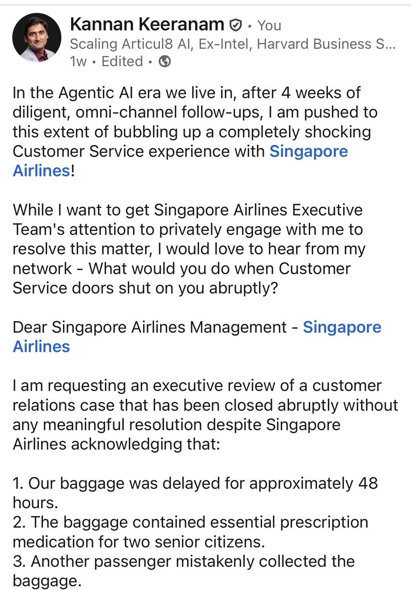 kannankeeranam's tweet photo. @SingaporeAir - I am shocked at how unfazed you are in denying a fair and world class customer service! I tried to resolve via international phone calls, local phone calls, emails, chats, and LinkedIn with no resolution. Now trying X to see if this will move the needle! https://t.co/8r2BUdcWaB