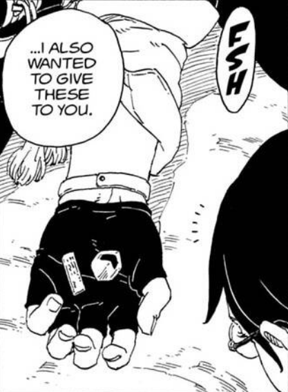 hinasaralawyer's tweet photo. It's July and I'm STILL thinking about ch 35, where Boruto gave Sarada those two pins. One of them has the exact same symbol Boruto used to wear on his jacket when he was younger and I genuinely don't think that was a random choice, I think that symbol carries a much deeper meaning.  Right after that, Boruto tells her, "Never, ever give up hope no matter what happens." And a lot of fans have been wondering what he meant by that but I think he was saying goodbye to her because He believes he'll have to keep the promise he made to Momo back in (ch 25) if Momoshiki helps him defeat Jura, he'll hand over his body. Boruto is fully convinced that's what's going to happen once Jura is defeated. That's why I think he gave Sarada that pin. It was his way of leaving a piece of himself with her, so that no matter what happens, a part of him will always stay with her.