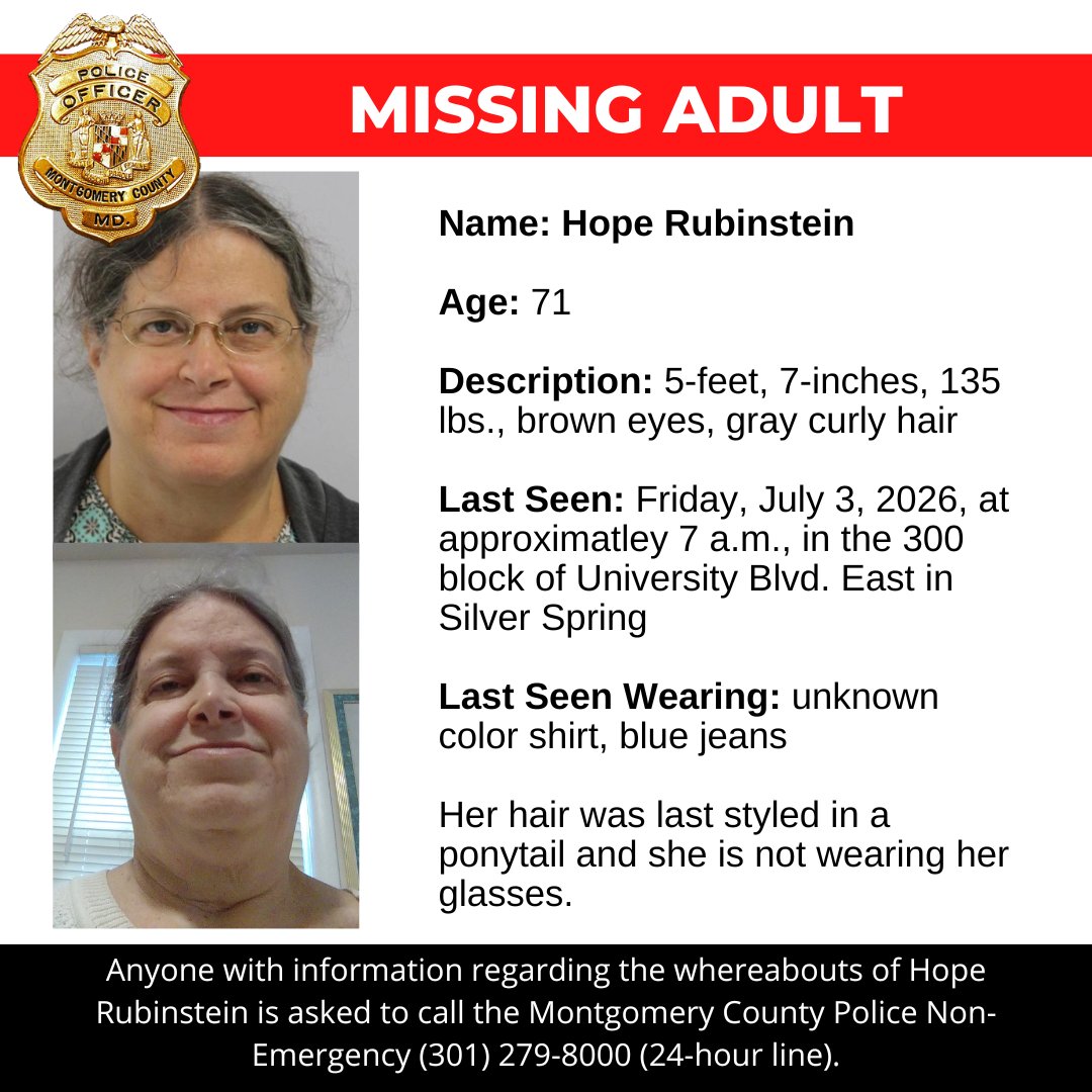 mcpnews's tweet photo. Detectives from the Montgomery County Department of Police - 3rd District Investigation Section are asking for the public's assistance in locating Hope Rubenstein, a missing Silver Spring woman. 

https://t.co/eA2aT4DItU

#MCPNews #MCPD #Missingperson https://t.co/aUvdKMknfS