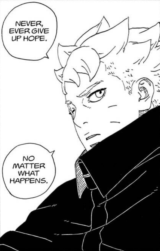 hinasaralawyer's tweet photo. It's July and I'm STILL thinking about ch 35, where Boruto gave Sarada those two pins. One of them has the exact same symbol Boruto used to wear on his jacket when he was younger and I genuinely don't think that was a random choice, I think that symbol carries a much deeper meaning.  Right after that, Boruto tells her, "Never, ever give up hope no matter what happens." And a lot of fans have been wondering what he meant by that but I think he was saying goodbye to her because He believes he'll have to keep the promise he made to Momo back in (ch 25) if Momoshiki helps him defeat Jura, he'll hand over his body. Boruto is fully convinced that's what's going to happen once Jura is defeated. That's why I think he gave Sarada that pin. It was his way of leaving a piece of himself with her, so that no matter what happens, a part of him will always stay with her.