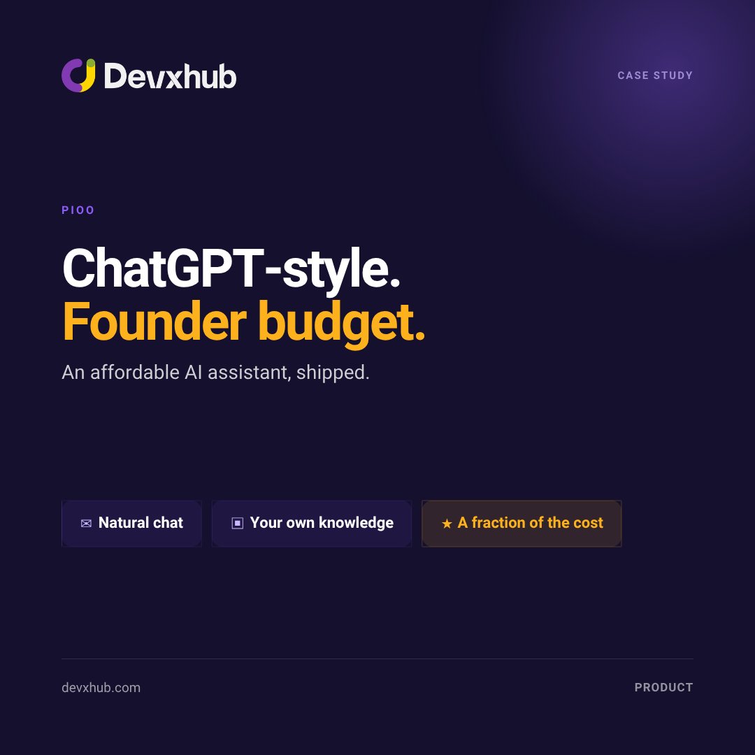 devxhubltd's tweet photo. Case study: Pioo ๐ค
A ChatGPT-style AI assistant โ built on a founder's budget and shipped. Proof you don't need a giant war chest for a useful AI product; you need the right scope and a team that ships.
Clutch 5.0 ยท 200+ shipped.
https://t.co/ySun4LsML7
#CaseStudy #Devxhub https://t.co/yuk6uP5rmH