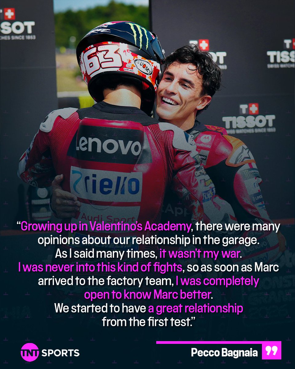bikesontnt's tweet photo. From unlikely friends to trusted teammates 🤝 

Pecco Bagnaia reflects on the bond he’s built with Marc Marquez inside the factory Ducati garage 🔴 

#MotoGP https://t.co/ng26PWLwYQ