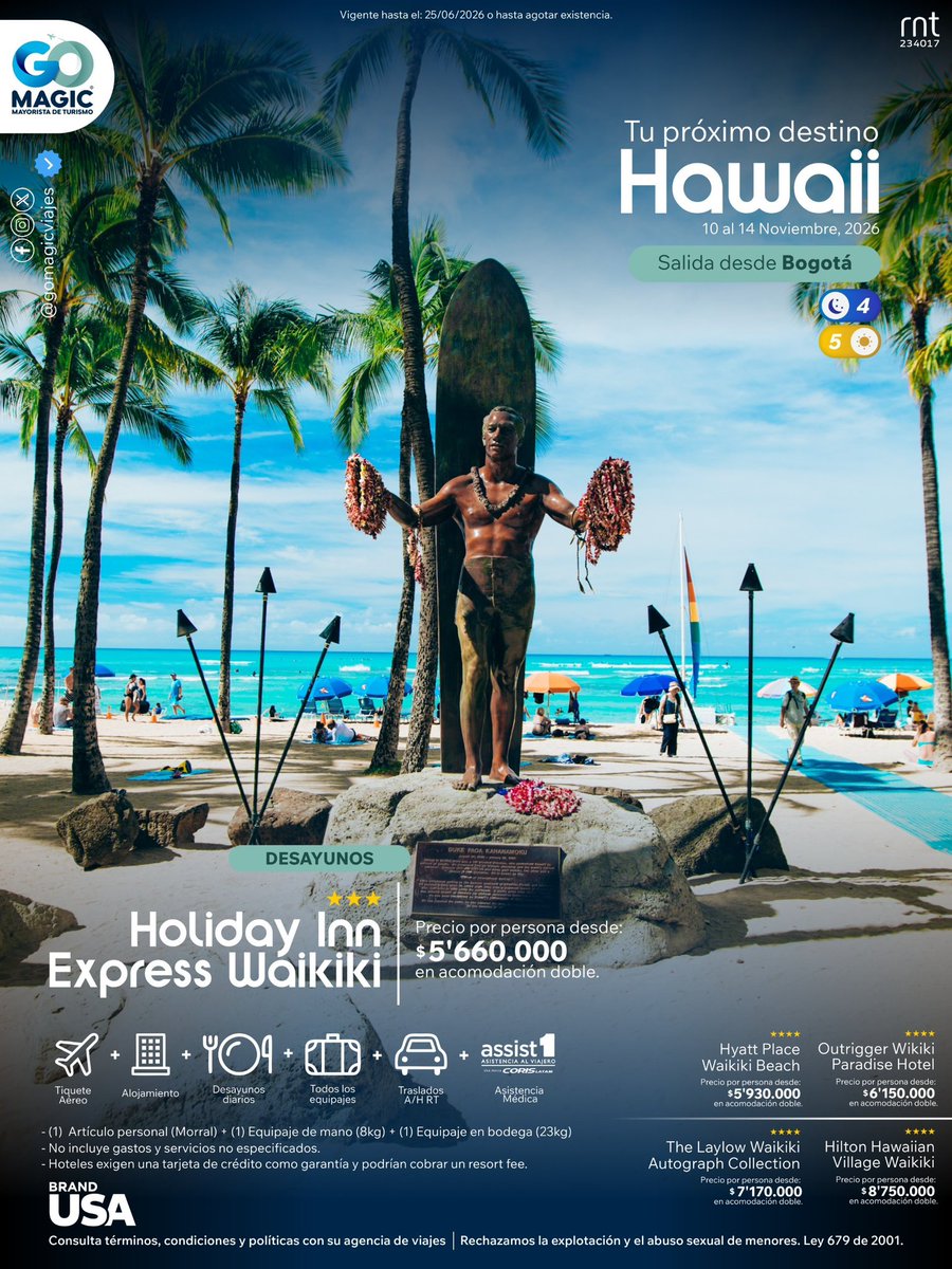 gomagicviajes's tweet photo. Hawaii es playa, naturaleza, atardeceres y espíritu tropical. Un destino para desconectarse, respirar profundo y vivir el Pacífico como nunca. 🌺🌊
#GoMagicTravel #Colombia #Hawaii #Waikiki #Viajes #Travel #BrandUSA

@united 
@VisitTheUSA https://t.co/k9MAPgt936
