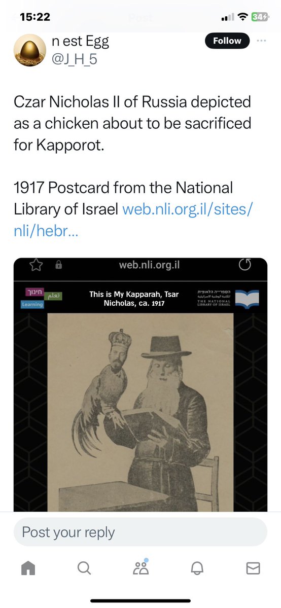 TheChronicler13's tweet photo. @nshispanos 1917 Postcard in Israel library Tzar Nicholas head on a kaporot chicken jews religiously sacrifice chickens transferring their sins into the chicken on Kapporot. 1918 tzar &amp; family ritually murdered Jews religion says they have to tell you before they commit evil https://t.co/XmcAQ4kb55