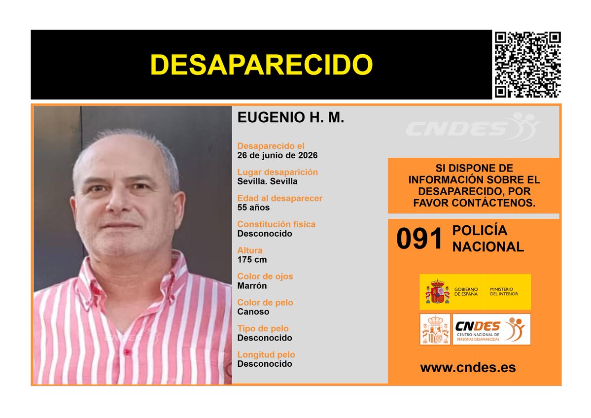 cndes_oficial's tweet photo. ⚠️ 𝘼𝙇𝙀𝙍𝙏𝘼⚠️
🚹DESAPARECIDO
Edad 5⃣5⃣ años
🧐visto por última vez #Sevilla
🔄 RT para ayudar a encontrarlo
Si lo has visto o tienes pistas 📩https://t.co/SVyw5OKS7U
📞091 @policia
🔗 Canal oficial @cndes_oficial
#desaparecido https://t.co/eya1wyDsqN