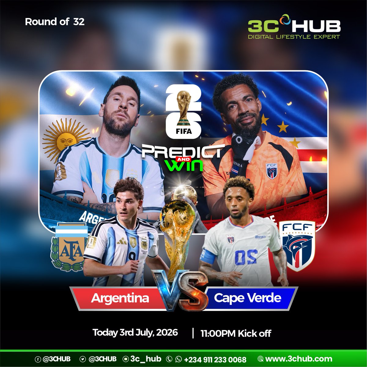 3CHUB's tweet photo. Predict &amp; Win: ARGENTINA 🆚 CAPE VERDE 

Like our last 5 posts, share this post &amp; follow 

Tag 2 friends and drop your correct score prediction before kick-off.

#3CHUBPredictAndWin #FootballLovers #WorldCup2026 https://t.co/NWsksirn6u