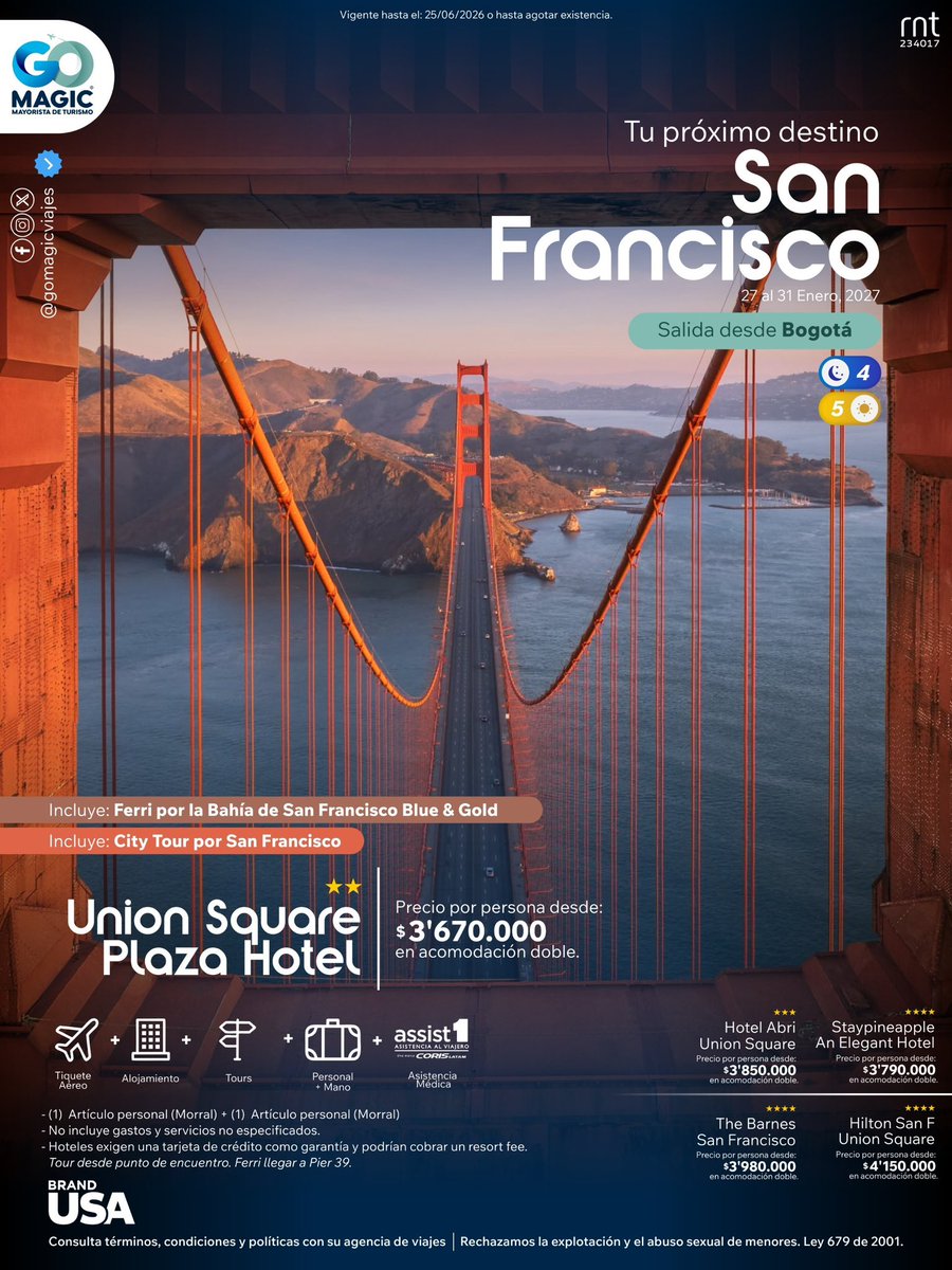 gomagicviajes's tweet photo. San Francisco enamora con su bahía, el Golden Gate, sus calles icónicas y una energía única para recorrerla sin afán. 🌉✨
#GoMagicTravel #Colombia #SanFrancisco #GoldenGate #Viajes #Travel #BrandUSA

@CopaAirlines 
@VisitTheUSA https://t.co/cgnUWyIWom